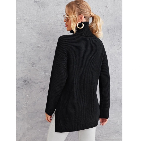 Black Cable Knit Long Turtleneck Sweater Side Cut, Slit Long Sleeves - Picture 3 of 7